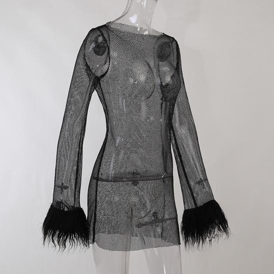 Sexy Glitter Evening Dress with Fur-Trimmed Cuffs Round Neckline Long Sleeves See-through Slim Fit Dress