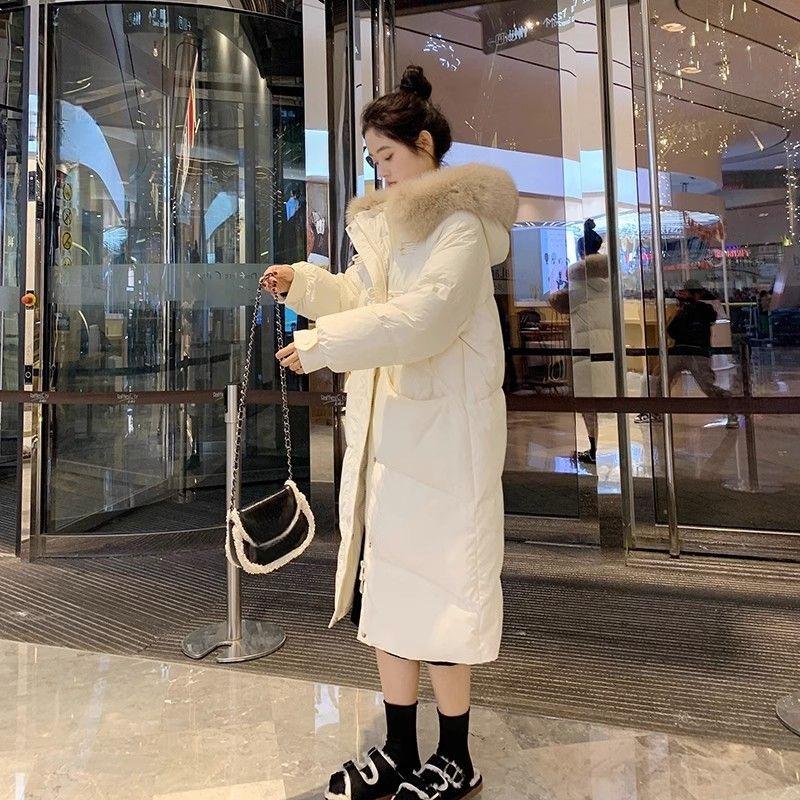 Длинное хлопковое пальто с капюшоном и длиной выше колена для женщин, зимнее пальто с большим меховым воротником, толстое хлопковое пальто, трендовые парки, куртки