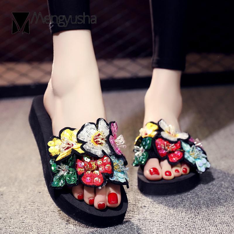 Fashion Colorful Floral Beach Slippers Woman Platform Sandalias Cozy Slip On Shoes Woman Flipflops Mujer Bling Size 35-42 Slides