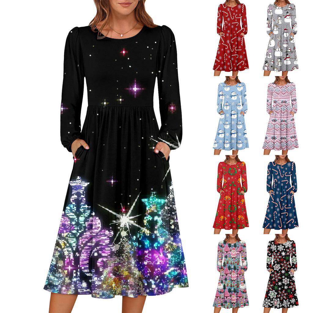 Women's Christmas Printed Fashionable Loose Round-neck Dress