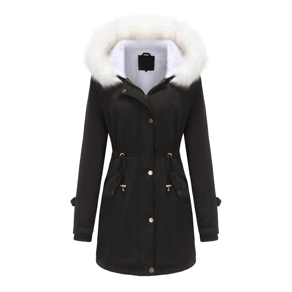 Jackets for Women Fleece Autumn and Winter Removable Hair Collar Women's Pie Over Long-sleeved Hooded Cotton Coat Velvet Coat Cotton Clothing Women