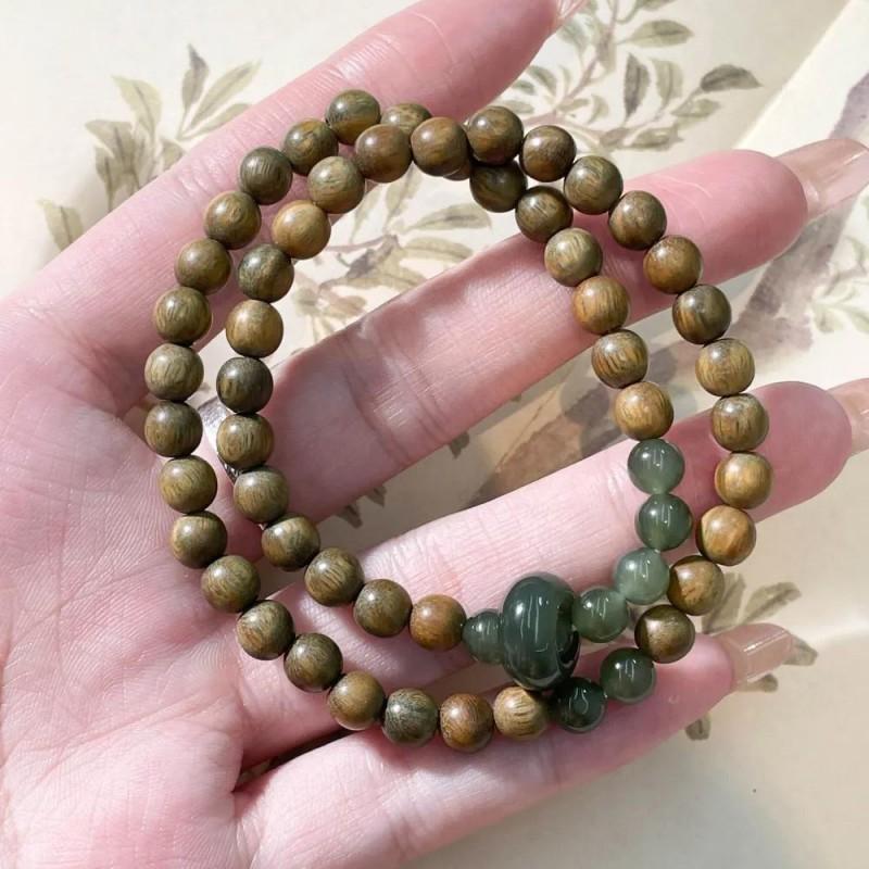 Natural Green Sandalwood Hetian Jade Double-Circle Bracelet New Chinese Style Womens Jewelry Gifting