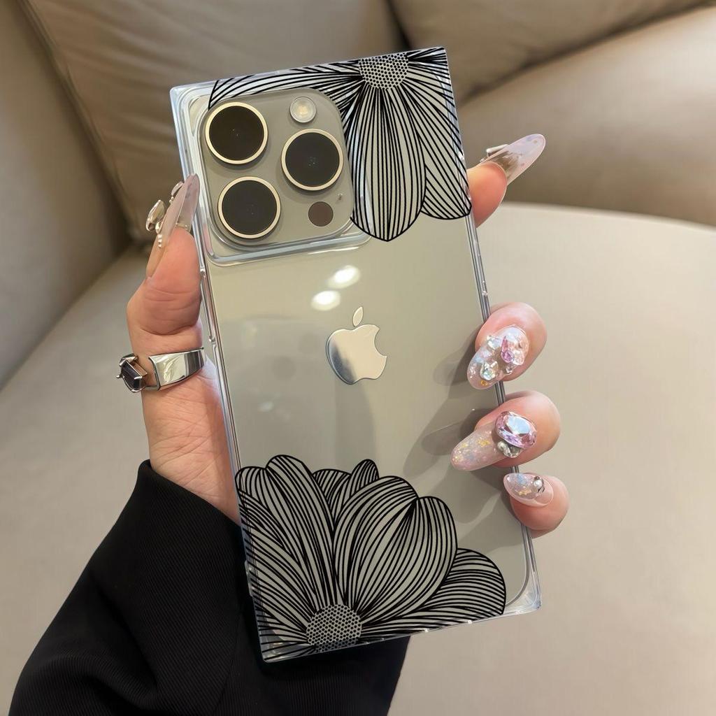 Прозрачный чехол с квадратной задней крышкой для защиты трубки для iPhone 14 Pro Max 11 12 15 Plus 16 ProMax 13, защита от окисления, чехол с лепестками и черными линиями