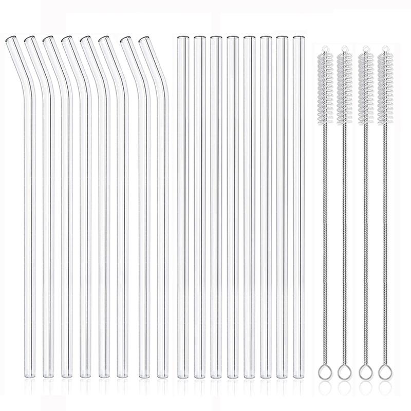 16 шт. Стеклянные соломинки Многоразовые соломинки для питья 8 дюймов Набор изогнутых прямых соломинок Прозрачные стеклянные трубочки для смузи коктейля кофе со льдом