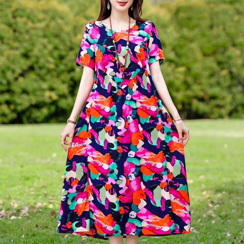 Плюс Размер Элегантные Женские Летние Платья Винтажная Одежда Короткие Рукава Свободные Длинные Платья