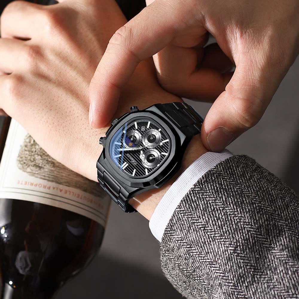 CHENXI Multifunctional Men's Watch True Three Sub-dials Six Hands Calendar Moon Phase Chronograph Octagonal Quartz Watch Reloj