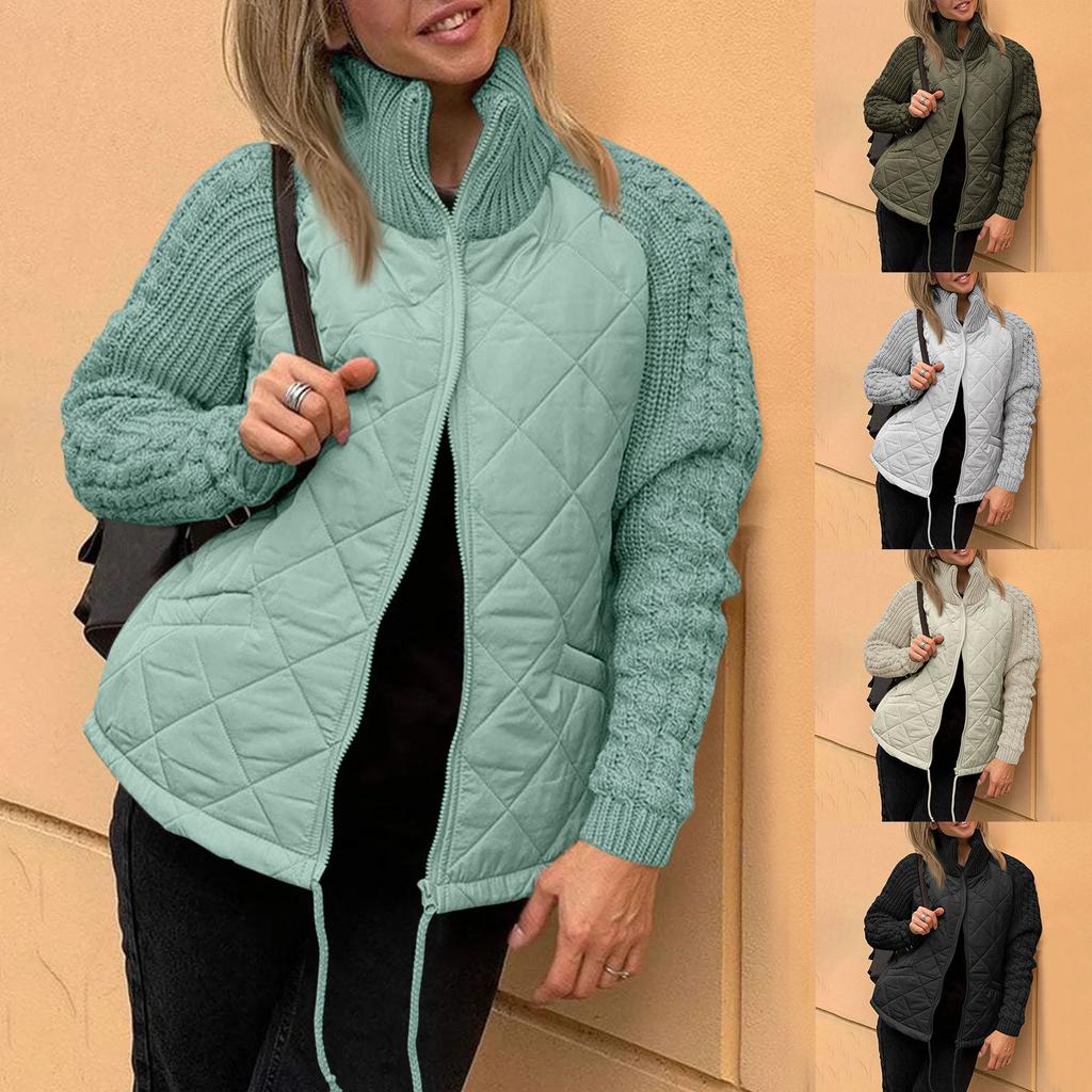 Женская однотонная трикотажная стеганая куртка в стиле пэчворк, повседневная легкая куртка с воротником-стойкой и длинным рукавом на молнии, утепленная верхняя одежда, пальто