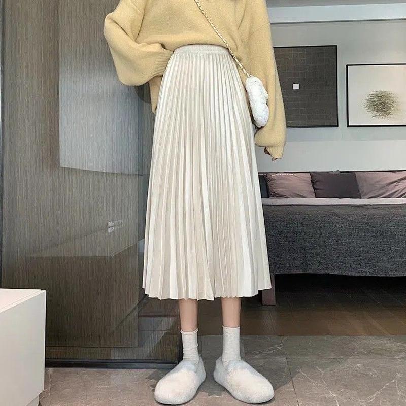 MOUKYUN Хлопковая плиссированная длинная юбка, женская повседневная эластичная талия, Faldas, корейская мода, женские свободные юбки-зонтики до середины икры