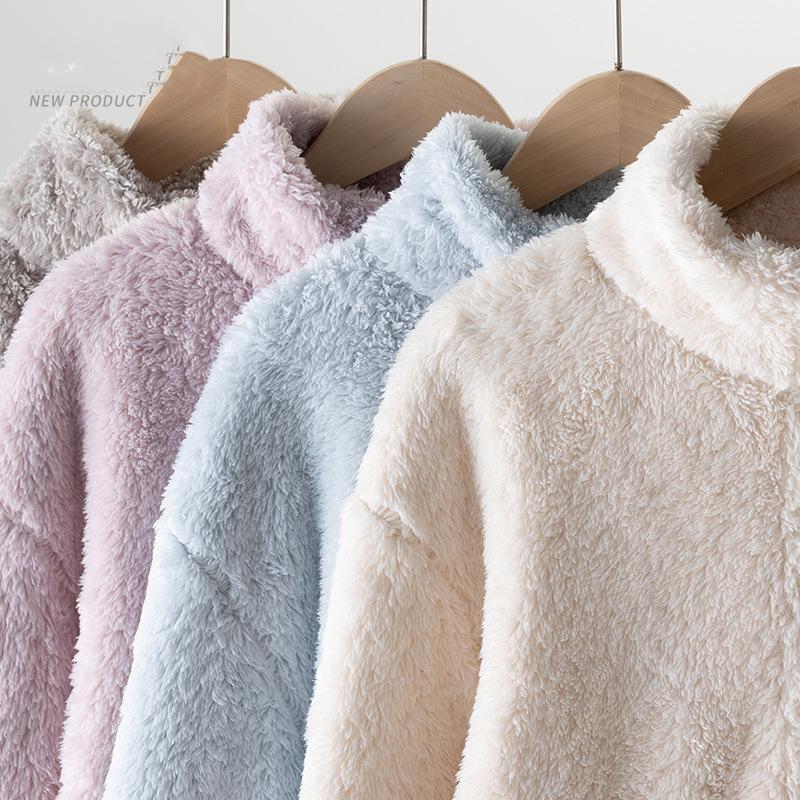 Winter Coral Velvet Women's Pajamas Set Thickened Flannel Long-sleeved Turtleneck Trousers Pajama Set Loose Flannel Home Clothes