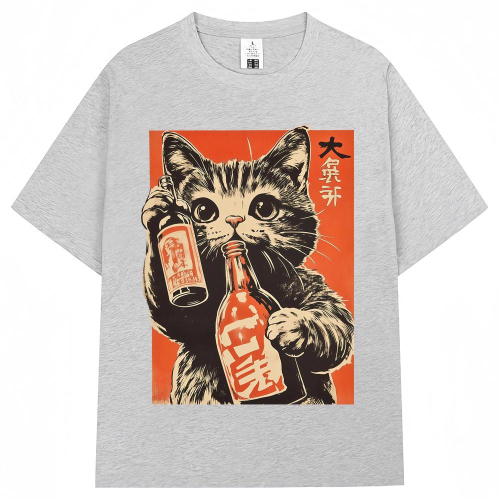 Japanese Style Cat Drinking Graphic T Shirt Vintage Fashion Kawaii Unisex Unisex Tshirt Oversized Cotton Casual T Shirts Streetwear