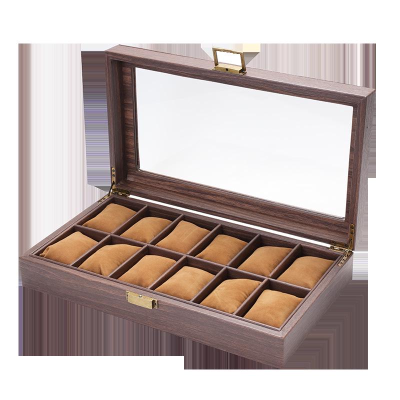 Exquisite Vintage Wood Grain Leather Watch Box with Dustproof Glass Lid for Wristwatch Display and Storage.