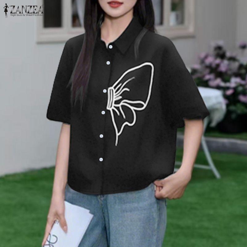 ZANZEA Women Turn Down Collar Summer Casual Short Sleeve Blouse