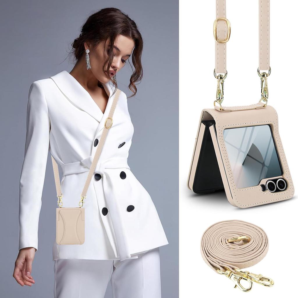 Кожаный чехол-кроссбоди для Samsung Flip6/7 с отделением для карт и защитой из закаленного стекла