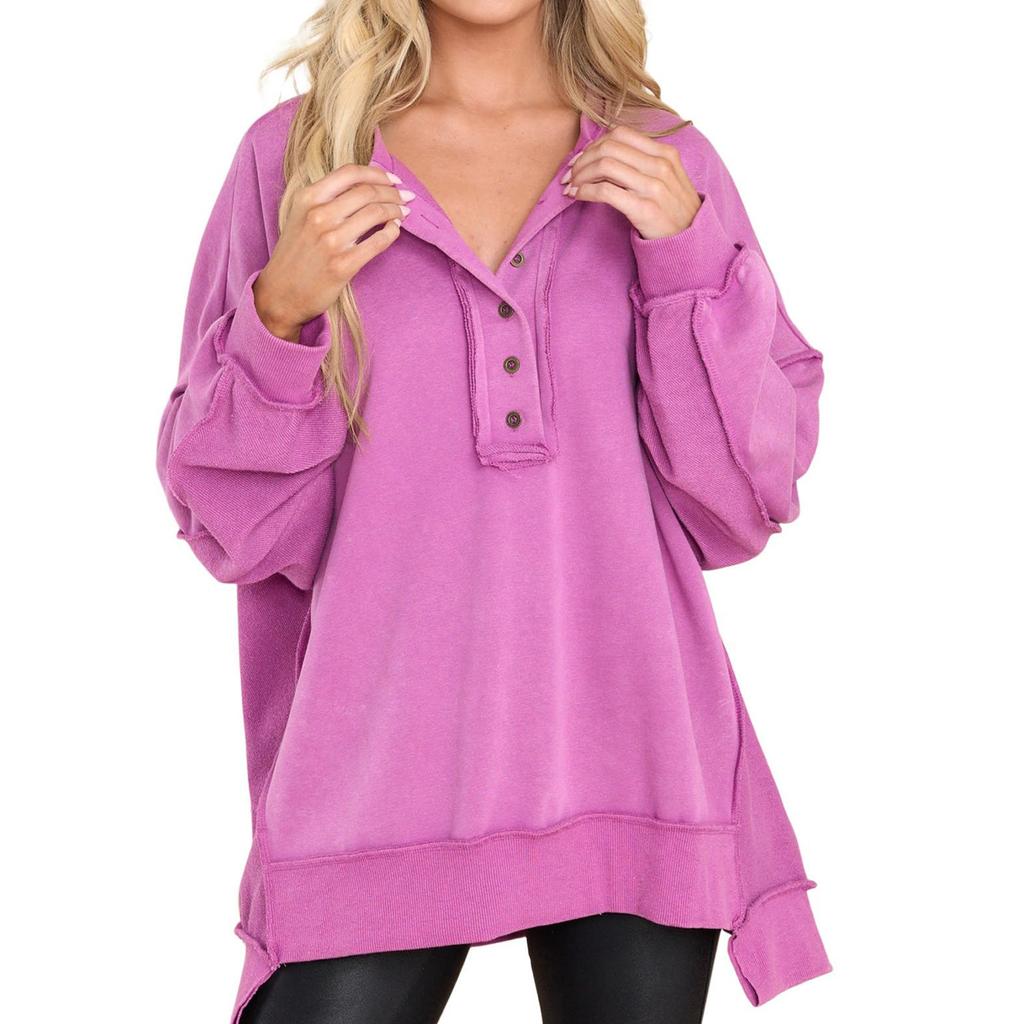 Autumn and Winter New Women's Round Neck Solid Button Loose Sweater Long Sleeve Top