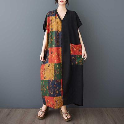 Женское хлопково-льняное ретро платье с коротким рукавом и цветными блоками, приталенного силуэта