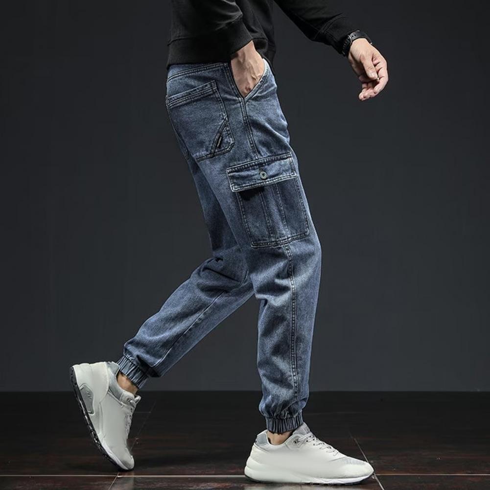 Мужские брюки-карго, свободные, однотонные, с несколькими карманами, с эластичной резинкой на щиколотке, со средней талией, в стиле ретро, мягкие, дышащие, уличная одежда, большие размеры для мужчин