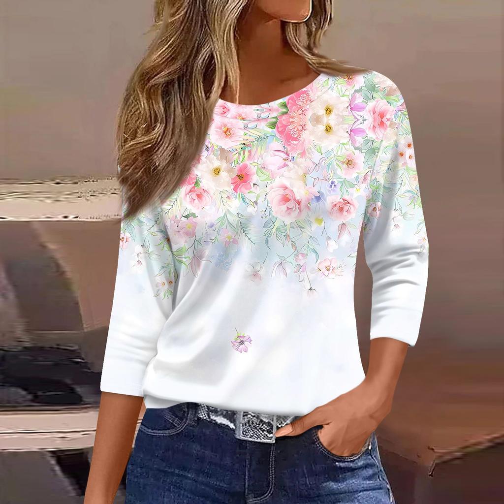 Women's Casual And Fashionable Floral Print Round Neck Top With Seven Quarter Sleeves And Loose Fit Top