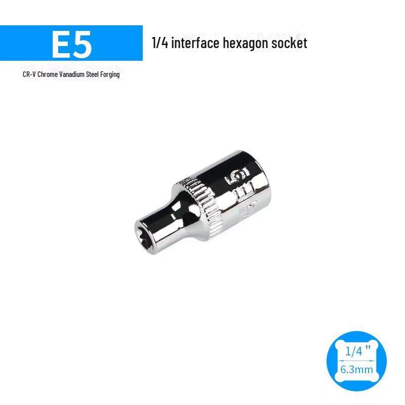 Metric 6-Point Flower-Shaped E-Type Socket Set: 1/2 Large, 3/8 Medium, 1/4 Small, Star Type.