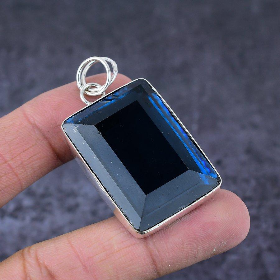 London Blue Topaz Gemstone Handmade 925 Sterling Silver Pendant 2.09" L5u83