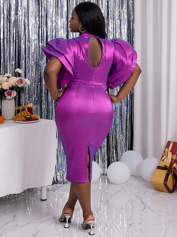 Bodycon Party Shiny Dresses Women High Neck Midi Flare Sleeve Backless Robes Big Size African Coacktail Evening Gowns New