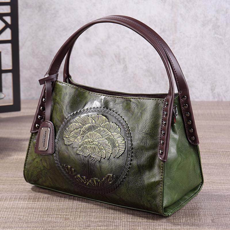 New Chinese Style Women's Bag European and American Retro Embossed Hand-painted Portable Messenger Vegetable Blue Bag
