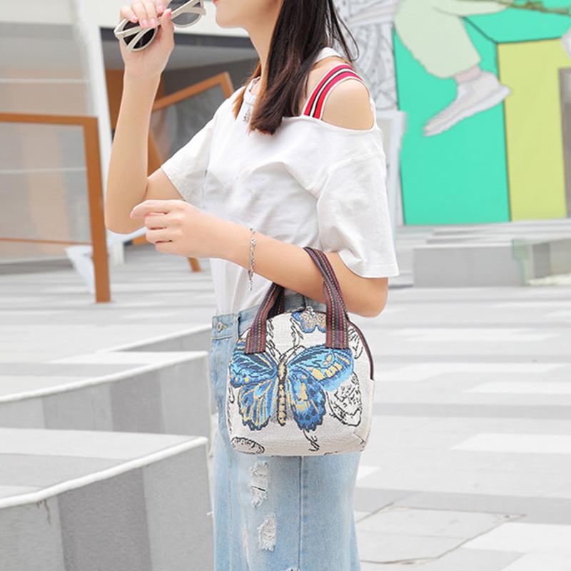 Сумка с вышивкой бабочек, с короткой ручкой, маленькая, для хранения телефона, кошелек, женская этническая сумка через плечо с принтом, холщовая сумка с молнией, AVE