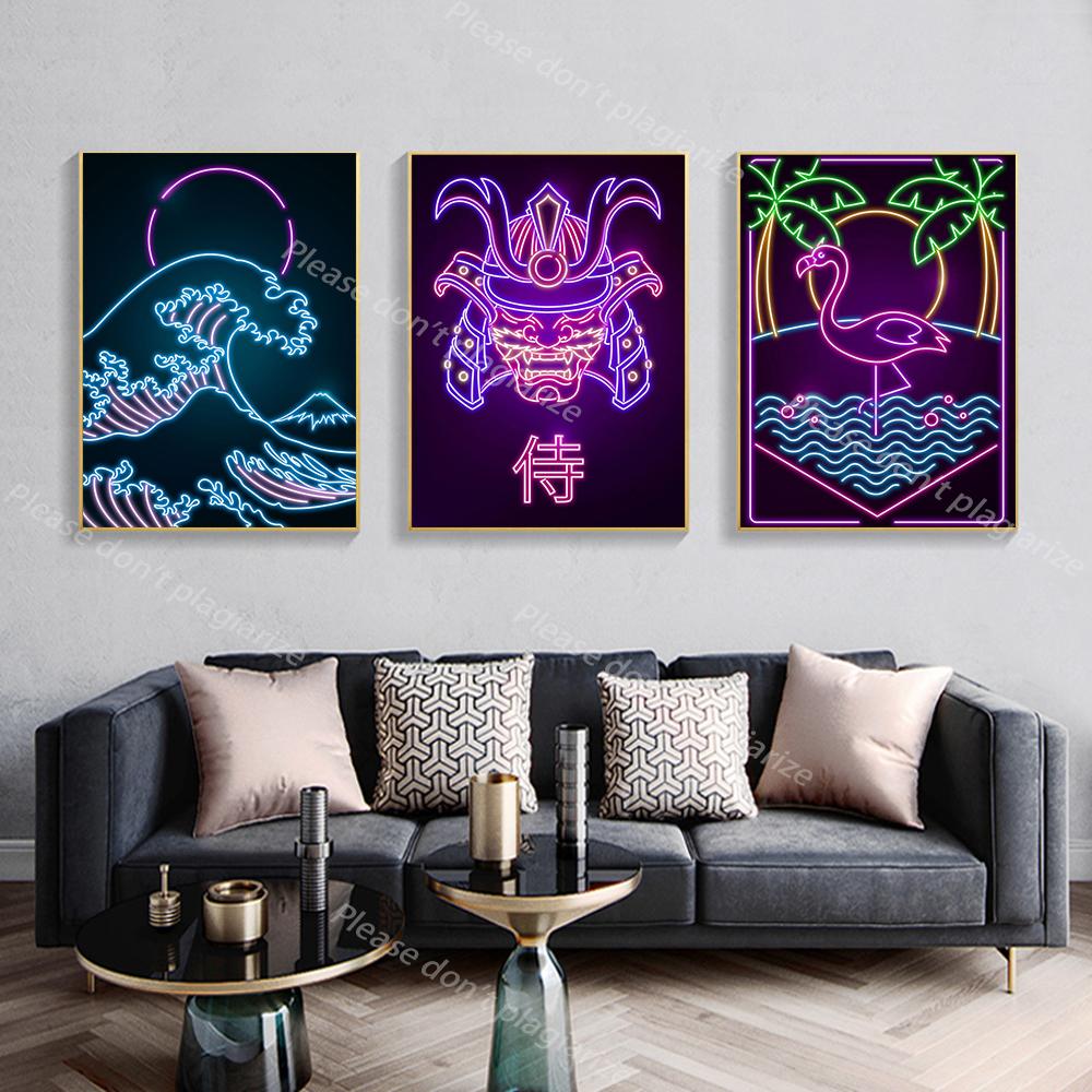 Oriental Retro Neon Canvas Painting Tsuru Sakura Mural Japanese Wave Mount Fuji Samurai Art Poster Print Living Room Home Decor