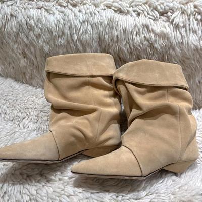 Модные Liyke Черные Абрикосовые Замшевые Низкий Каблук-рюмочка Вестерн Сапоги Женские Остроносые Слипоны Плиссированные Ботильоны Женские Вечерние Туфли-лодочки