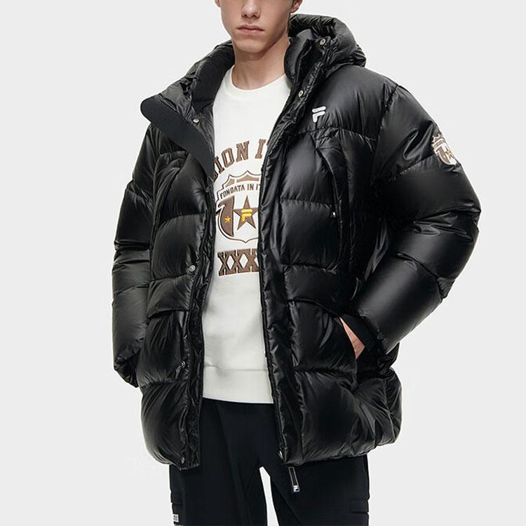 Fila Fusion Мужская теплая пуховая куртка средней длины с капюшоном на молнии, однотонная, черная T11M345908F-BK