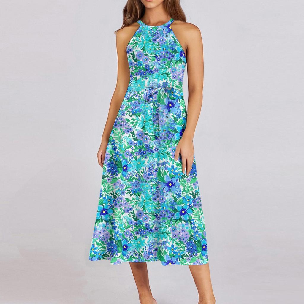 Женское повседневное платье миди с круглым вырезом, классическое, повседневное, без рукавов, свободное платье в стиле бохо с завязками, летний пляжный сарафан