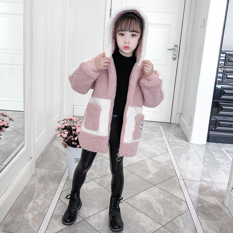 Зимняя куртка для девочек из овечьего флиса, средней длины с утолщением из бархата, детская куртка для больших детей, куртка для маленьких девочек