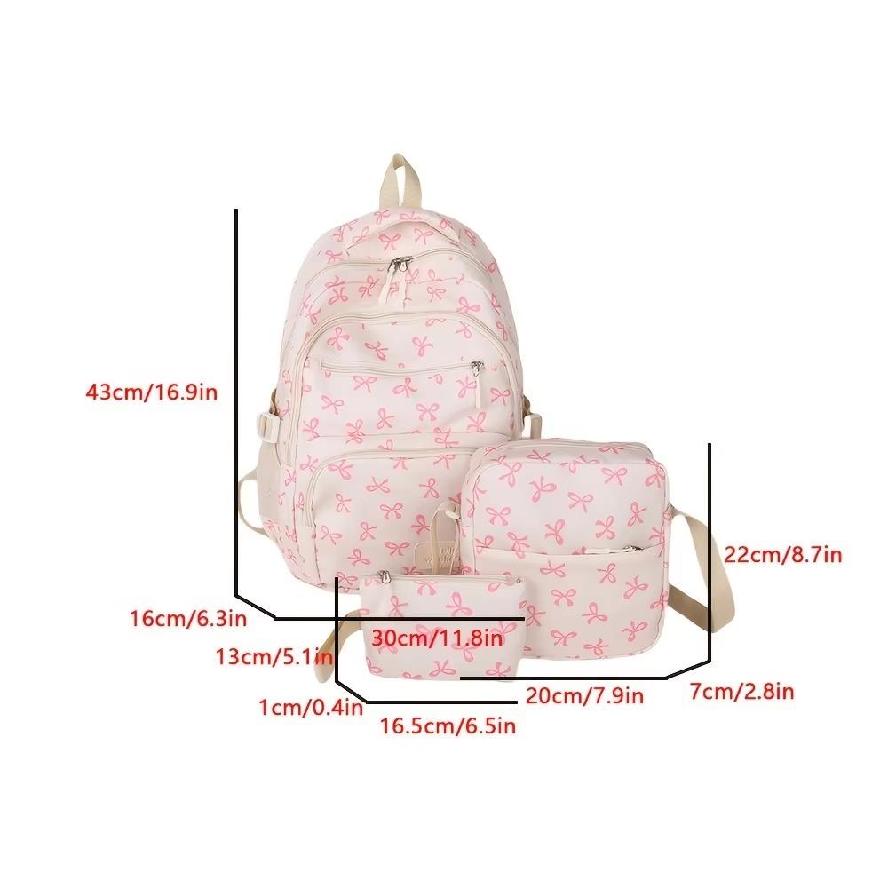 3 Pcs/Set Fashion Large Capacity Bow Backpack Nylon Bow Print School Bag Adjustable Strap Student Backpack