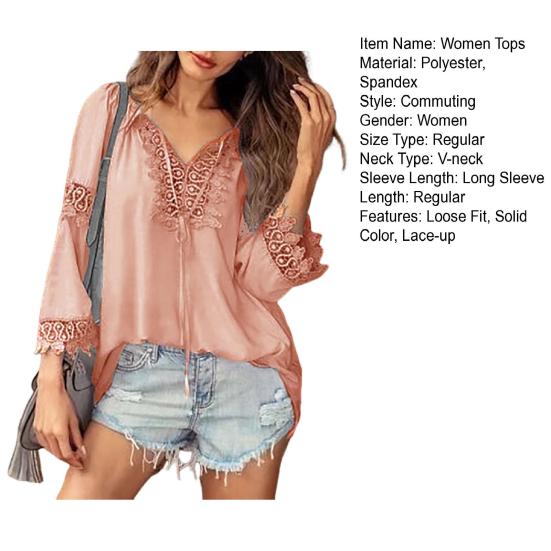 Women Tops V-Neck Embroidery Lace Trim Lace-up Long Sleeve Pullover Tops Solid Color Loose Fit Casual Style Shirt
