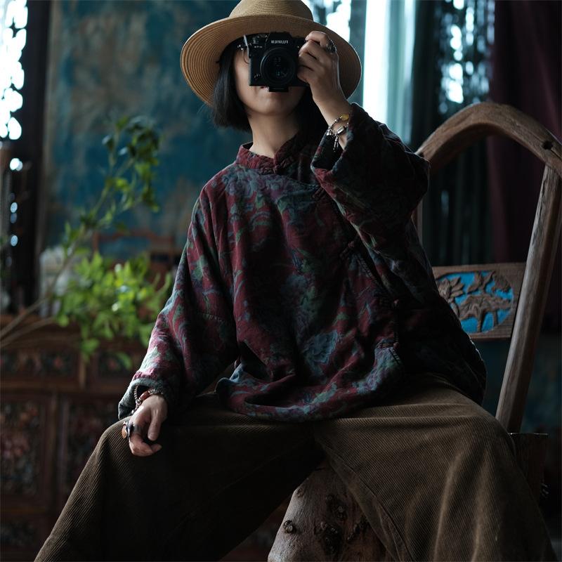 Johnature Women Vintage Cotton Linen Parkas Stand Long Sleeve Button Warm Plus Cotton Coats Winter Chinese Style Parkas