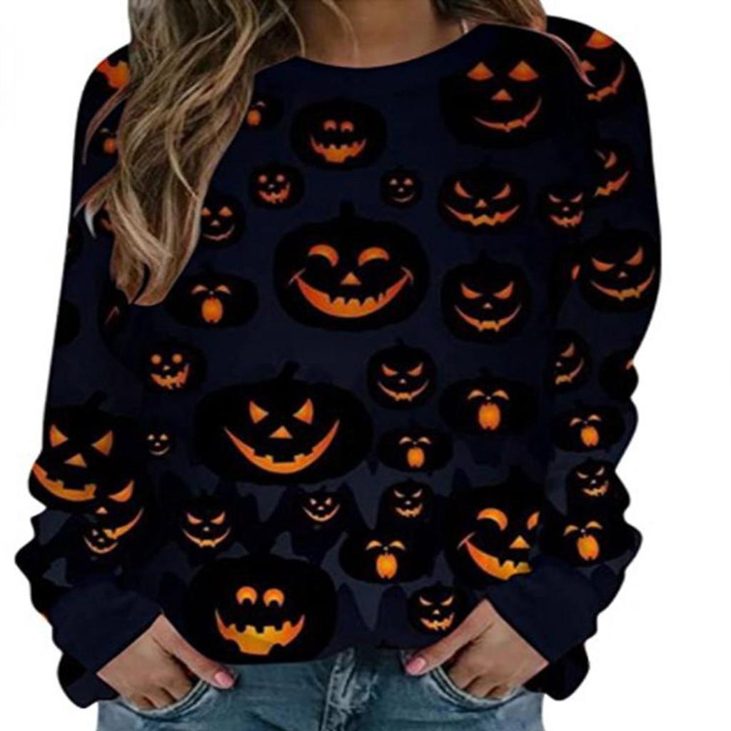 Fashion Women Halloween Print Party Round Neck Long Sleeve Socket Head Tops