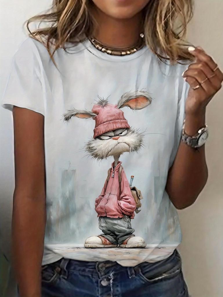 Summer Cartoon Cute Rabbit Printed Women's Short Sleeved T-Shirt Fashion Casual Oversize Tees Elegant Round Neck Woman Clothes