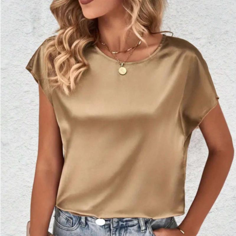 GMXIA Женские модные повседневные летние однотонные блузки и рубашки с круглым вырезом и короткими рукавами с принтом