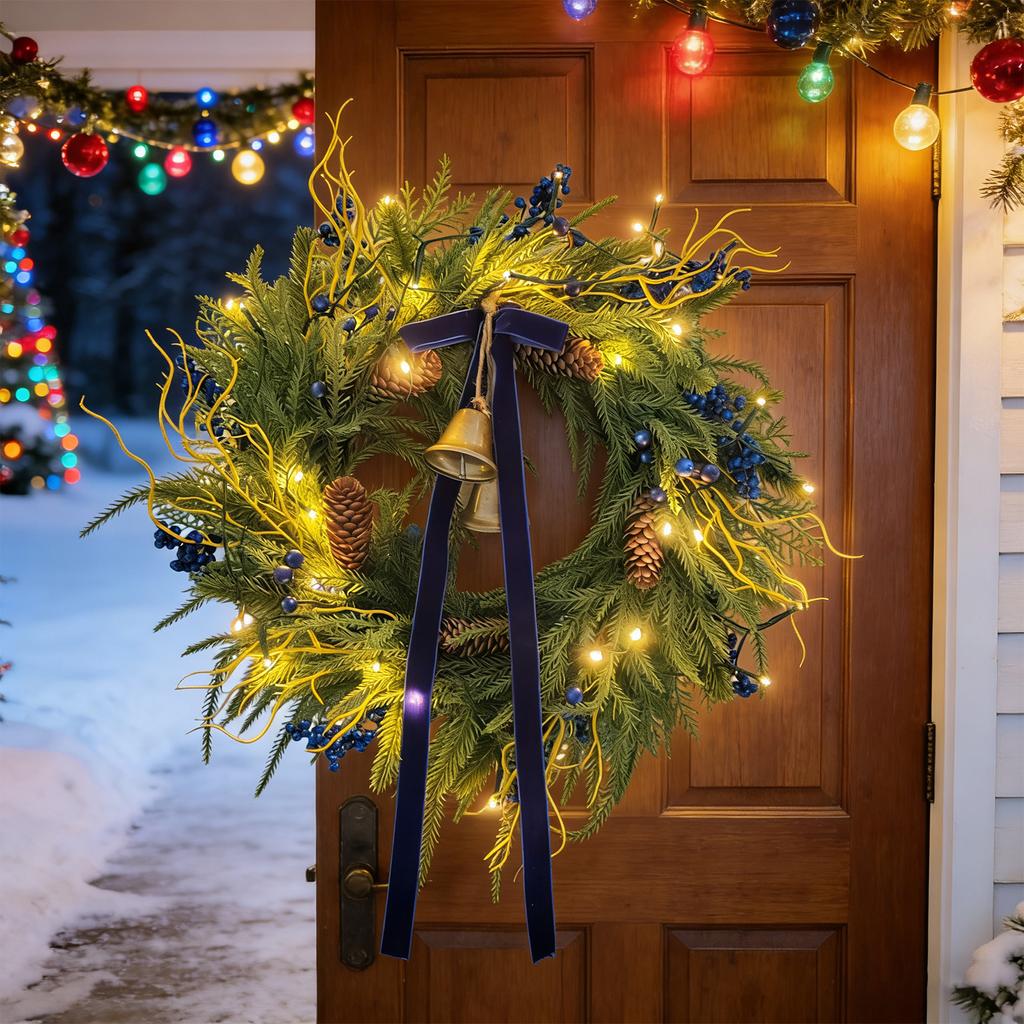 3D 55CM Simulated Needles Norfolk Blue Bell Wall Hanging Christmas Door Hanging Wreath Decoration