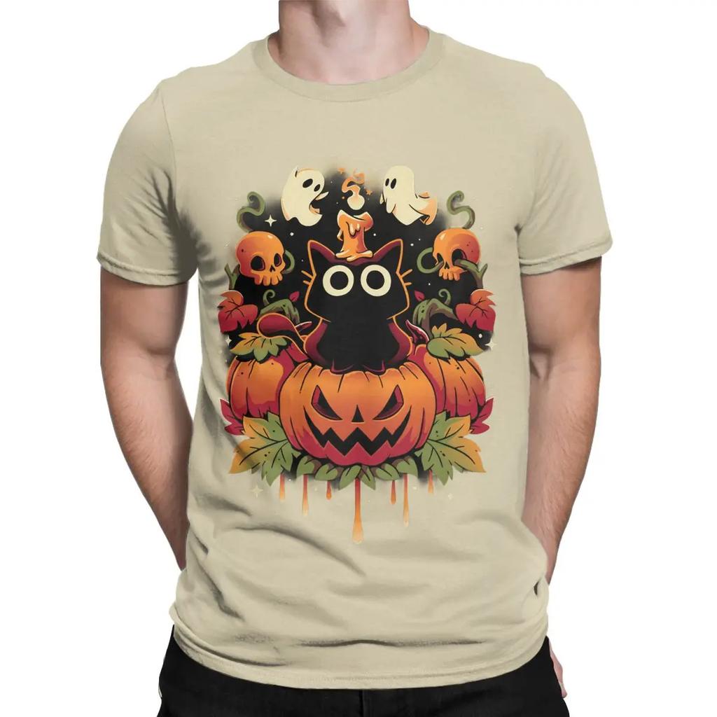 Novelty HALLOWEEN TRICK Black Cat T-Shirts Men Crewneck 100% Cotton T Shirts Cute Ghost Pumpkin Short Sleeve Tees Party Clothing