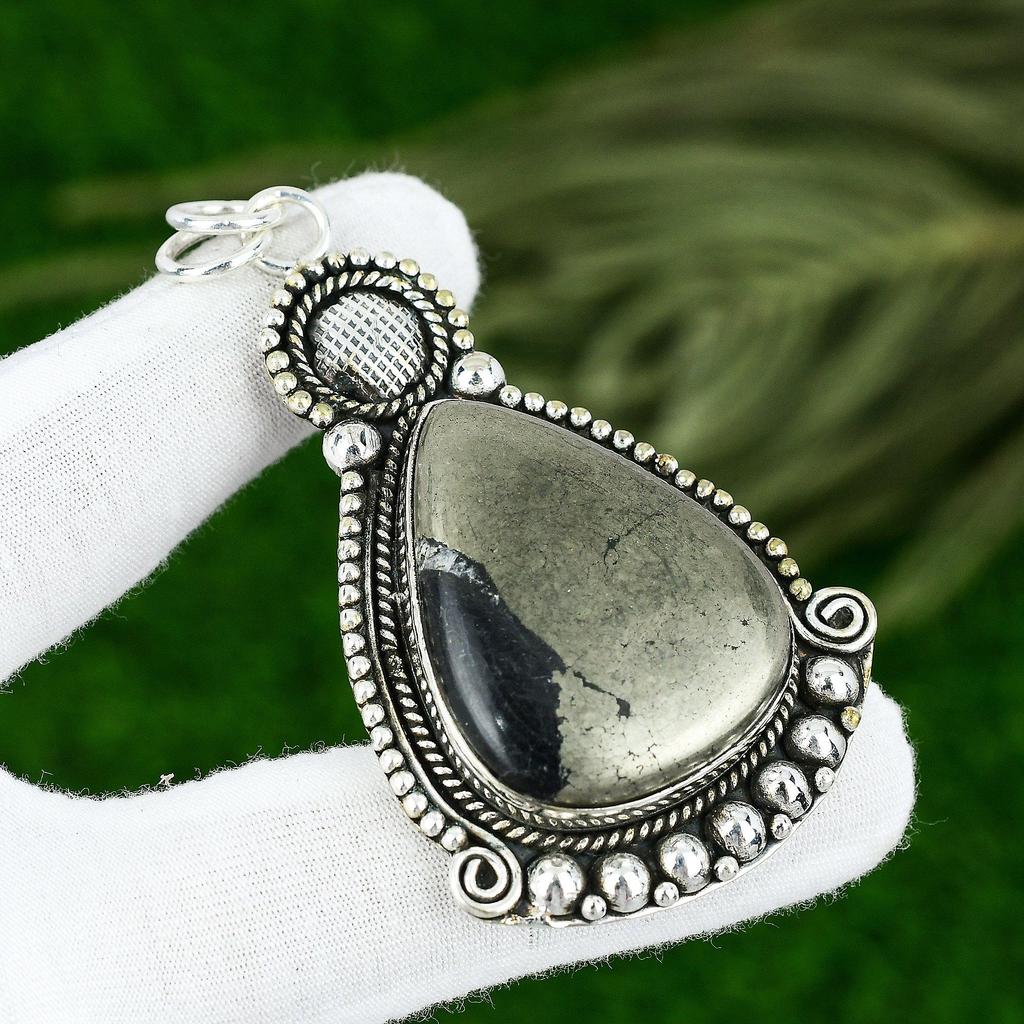 925 Silver Pear Pyrite Stone Solar Chakra Wedding Bezel Sister Pendant Jewelry