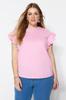 Women's Style Plus Size Pink Crew Neck Knitted T-Shirt with Ruffles