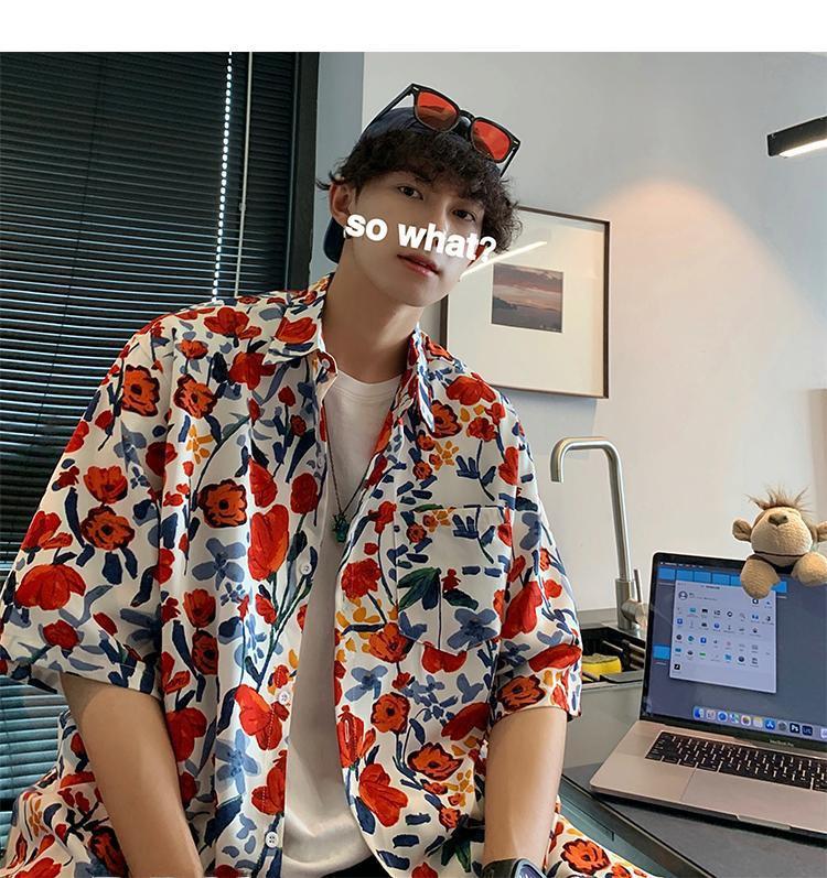 Мужская рубашка с коротким рукавом в гавайском цветочном стиле — модная, легкая, высококачественный дизайн в гонконгском стиле