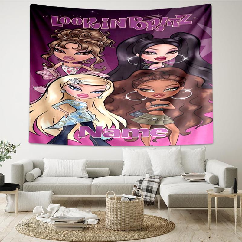 Custom Name Bratz Print Tapestry, Backdrop, Easy Setup, Ideal for Bedroom, Office & Living Room, with Aesthetic Wall Hanging Decor.