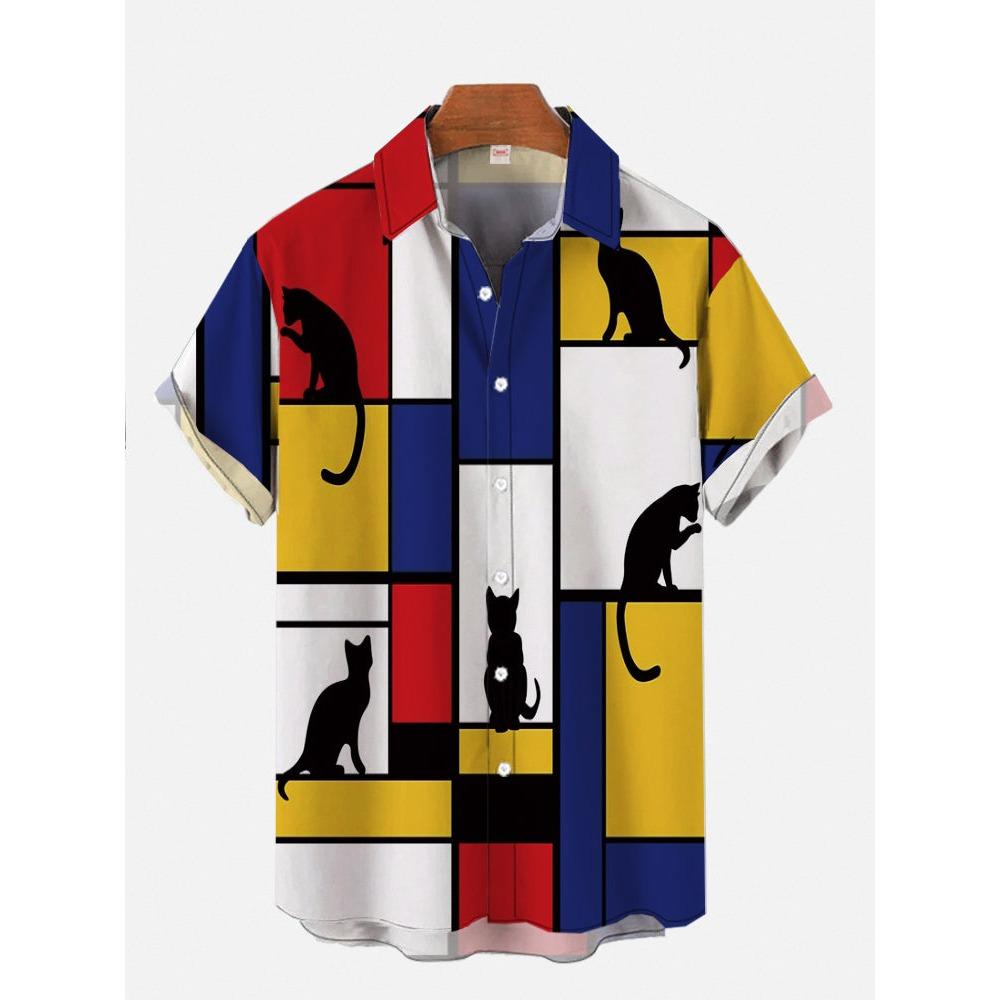 Men's Cute Cat Print Casual Shirt, 3D Printed Daily Clothing, Classic Hawaiian Men's Short Sleeved Shirt, Harajuku