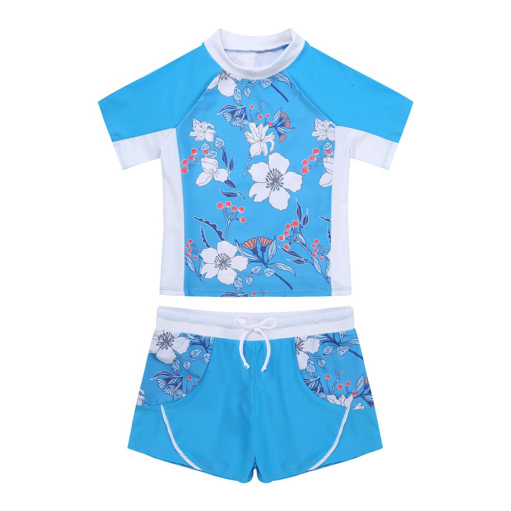 Girls 2 Piece Floral Print Swim Set Round Neck Short Sleeve Top Elastic Waist Boyshorts Beach Bathing Suit Swimsuit