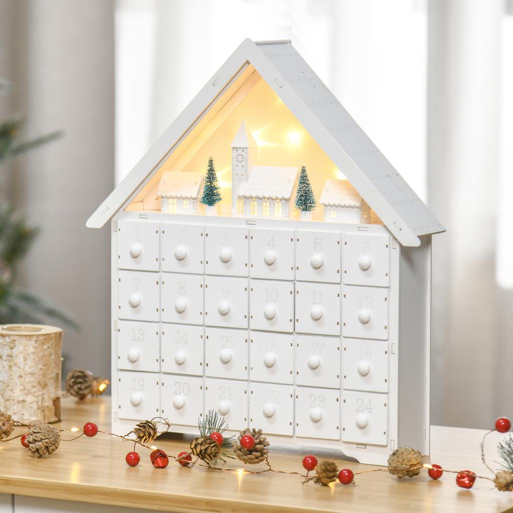 Advent calendar Christmas decoration Christmas decor, 24 drawers, LED lights, 39 cm x 9 cm x 42 cm, white + green