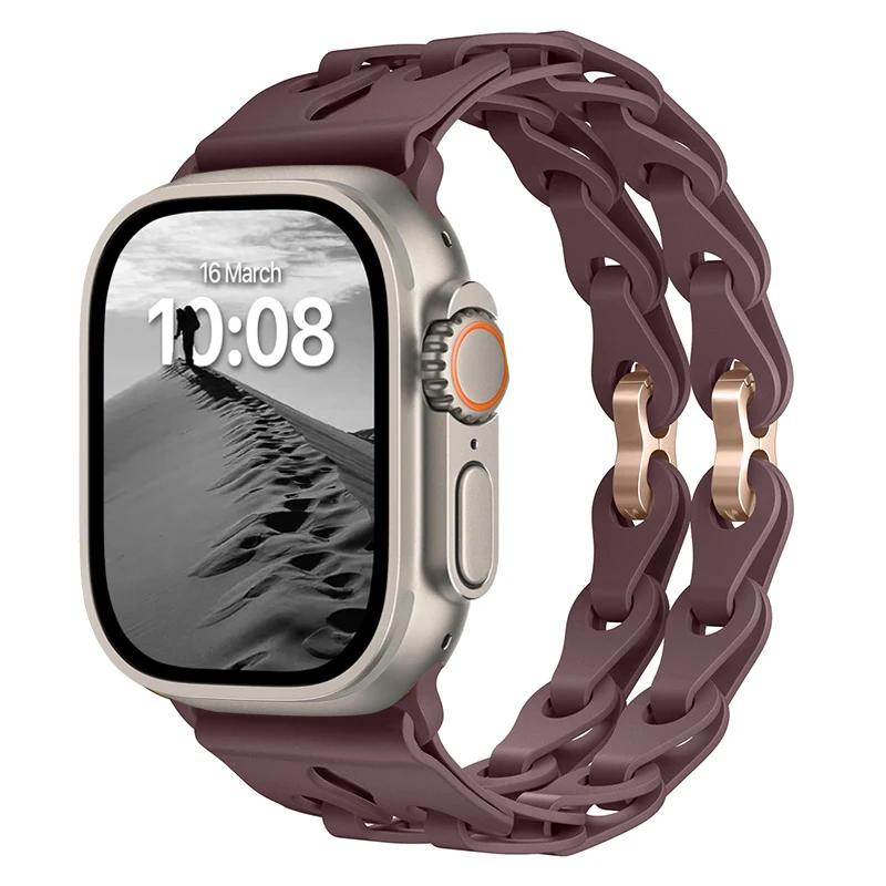 Силиконовый ремешок с двойной звеньевой цепью для Apple Watch Band Ultra 2 49мм 44мм 40мм 45мм 41мм 42мм Браслет для Series 9 8 7 6 5 4 SE 3