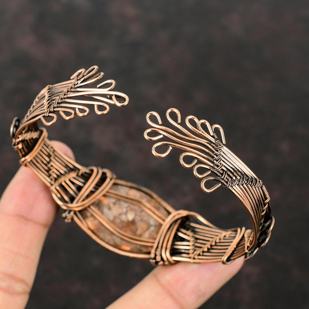 Браслет-манжета из солнечного камня Браслет-манжета из медной проволоки Регулируемый браслет из солнечного камня Драгоценный камень Стильные украшения Браслет-манжета ручной работы Проволочная манжета