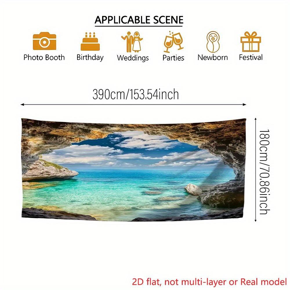 A super-large garage backdrop featuring a cave and a blue ocean sky landscape.