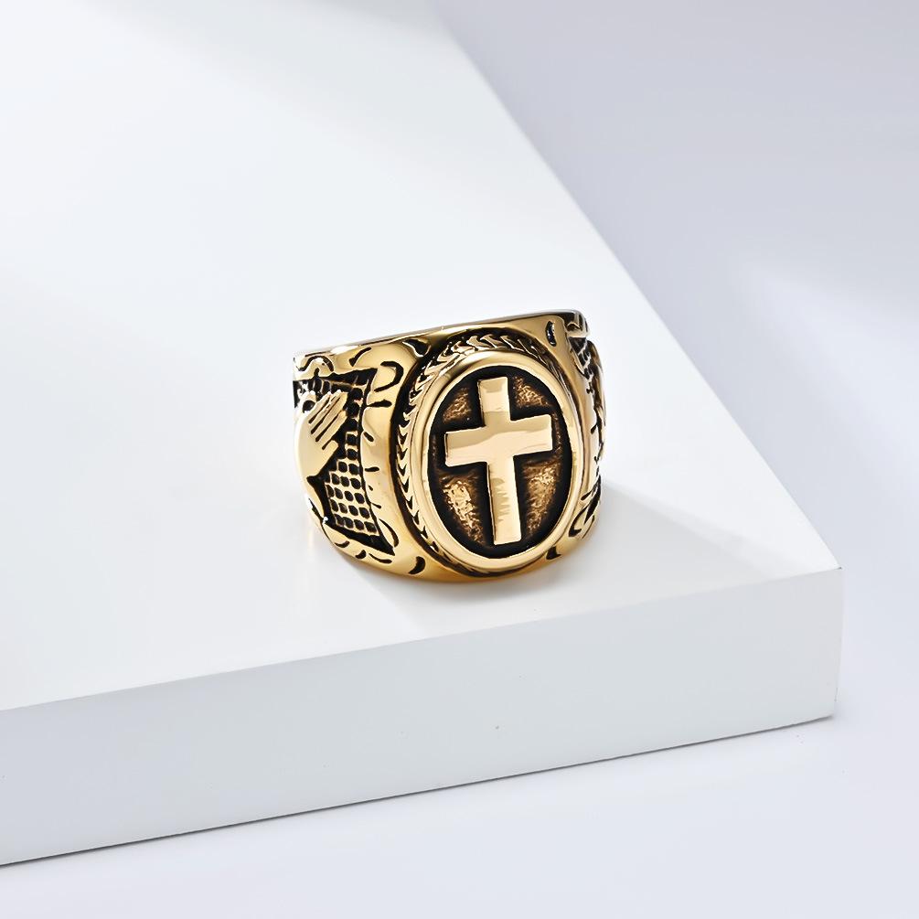 Модное ретро-кольцо с изображением молящихся рук и креста из титановой стали, популярное украшение для рук в стиле хип-хоп для мужчин